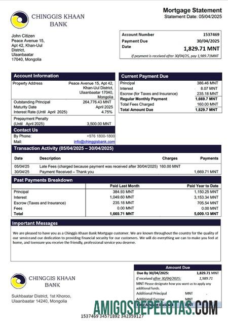 imprimível Mongólia Chinggis Khaan Bank Declaração de hipoteca Word e modelo PDF